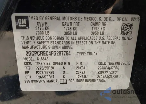 2015 Chevrolet Silverado 1500 1Lt z USA, uszkodzony, nr VIN 3GCPCREC4FG287764